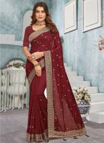 Vichitra Blooming Maroon Wedding Wear Embroidery Work Saree